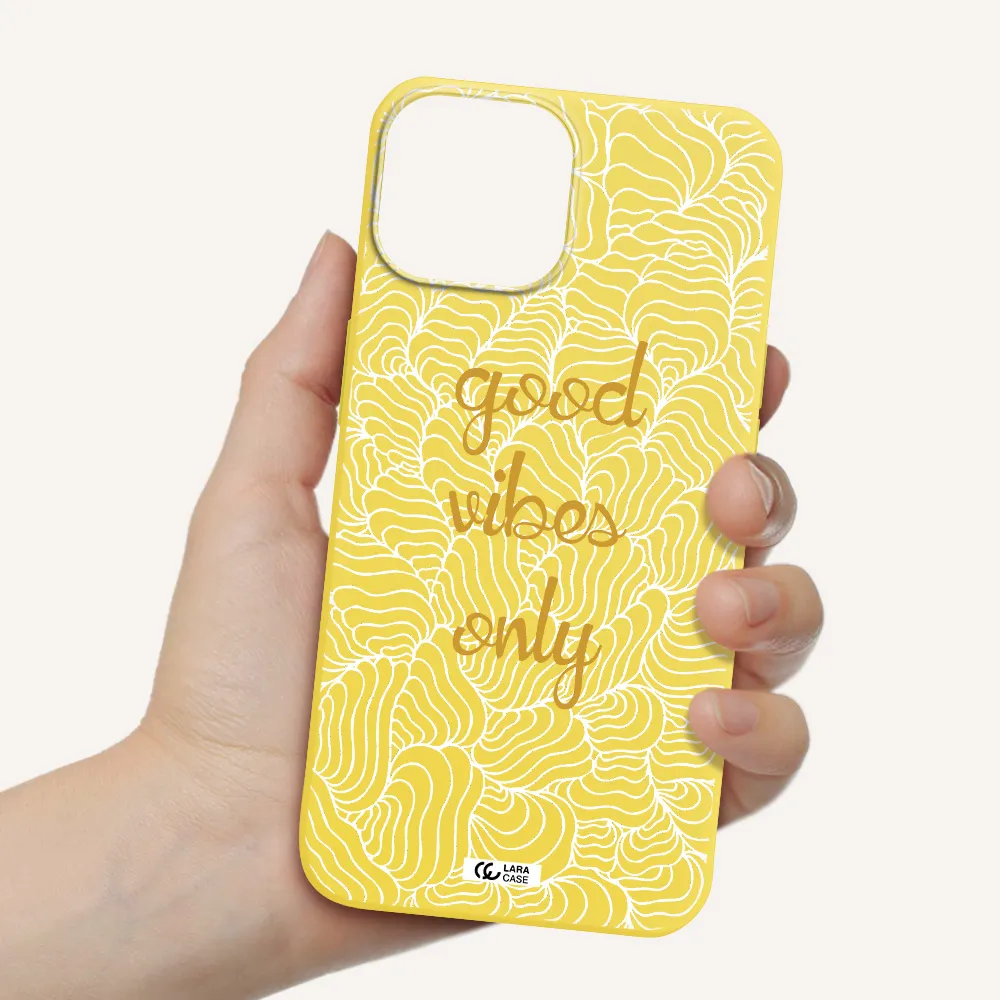 a white background with gold text Apple iPhone 13 mini Silicone canary yellow Case