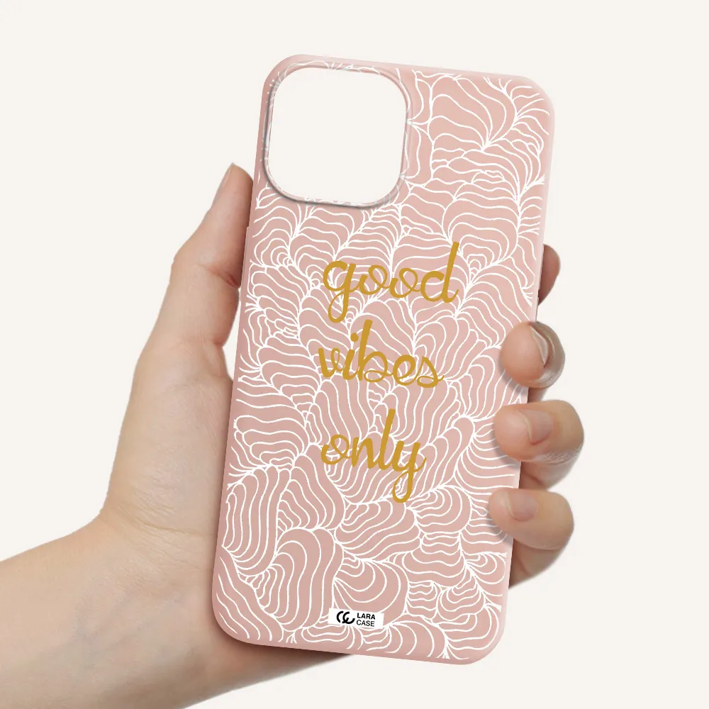 a white background with gold text Apple iPhone 13 mini Silicone pastel pink Case