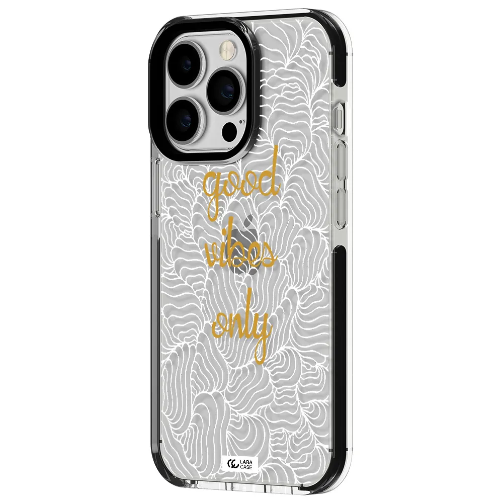 a white background with gold text Apple iPhone 13 Pro impact black border Case