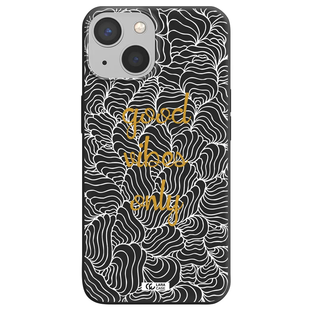 a white background with gold text Apple iPhone 13 Silicone black Case