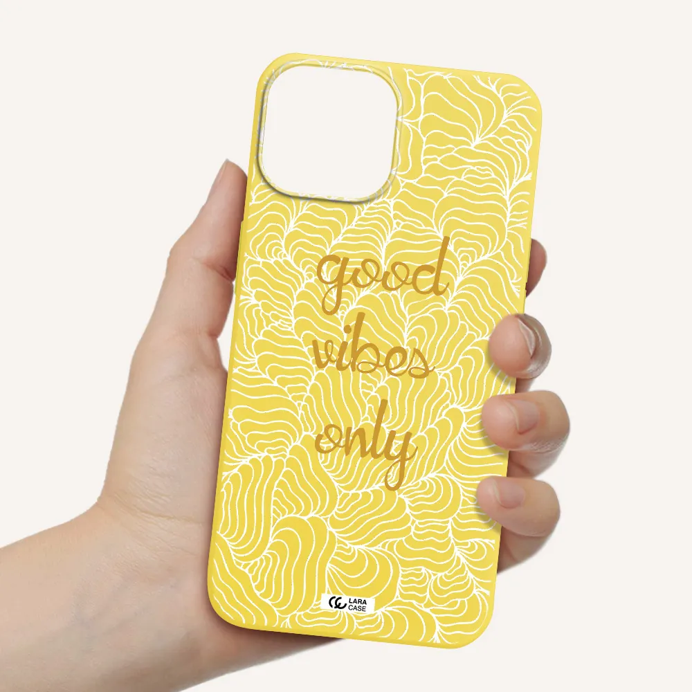 a white background with gold text Apple iPhone 13 Silicone canary yellow Case