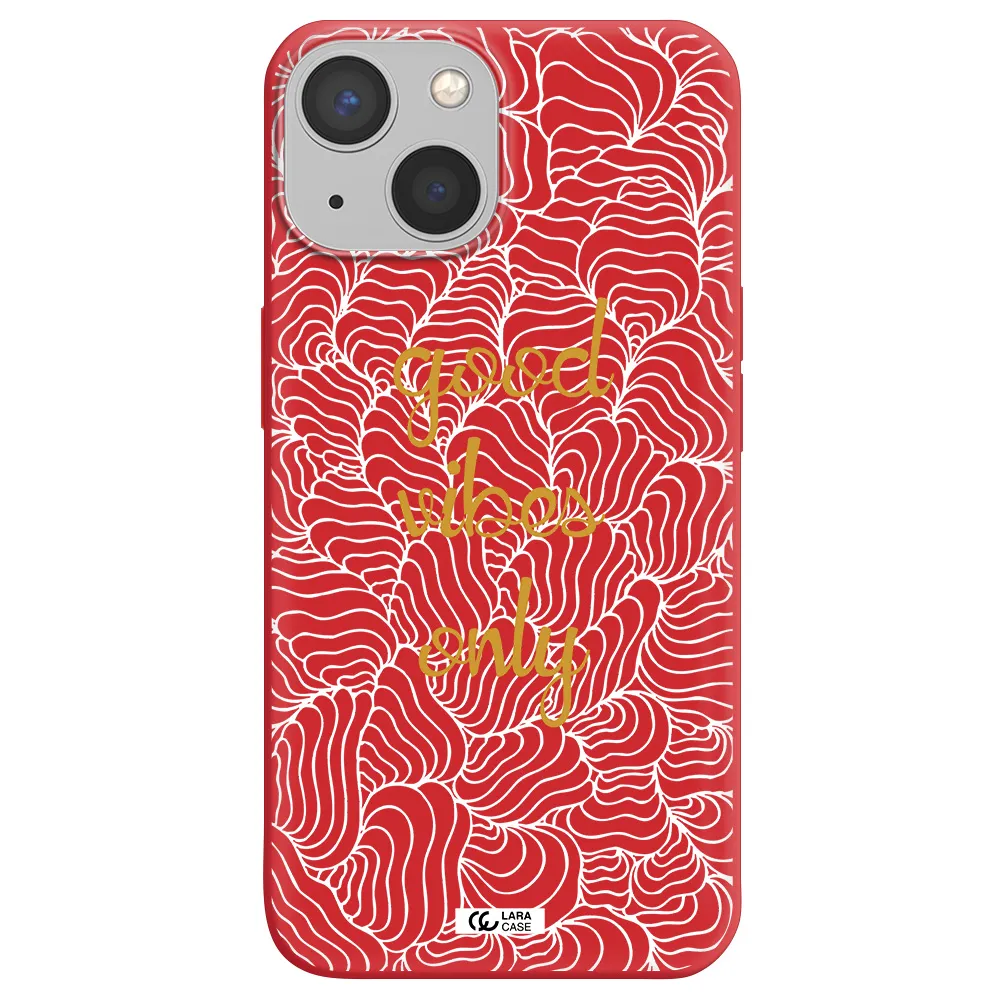 a white background with gold text Apple iPhone 13 Silicone Imperial Red Case