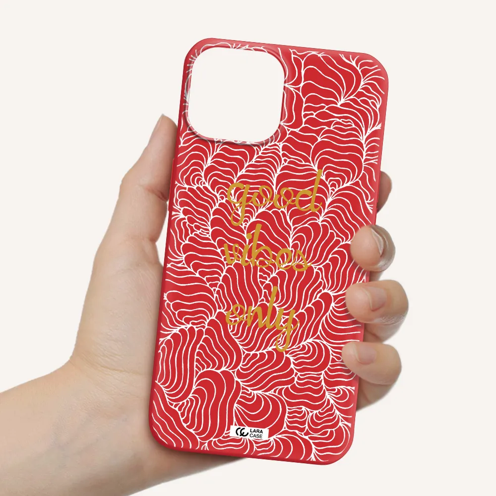 a white background with gold text Apple iPhone 13 Silicone Imperial Red Case