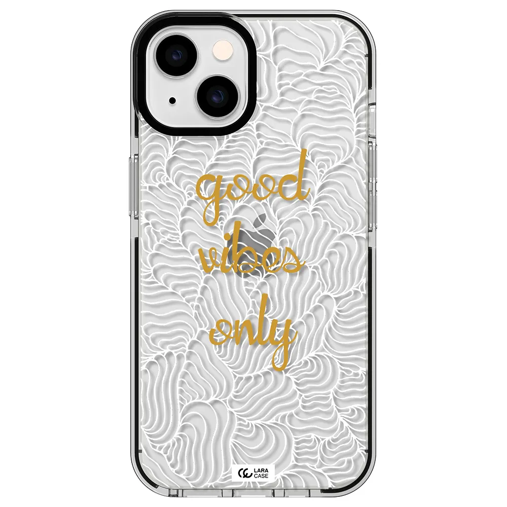 a white background with gold text Apple iPhone 14 impact black border Case