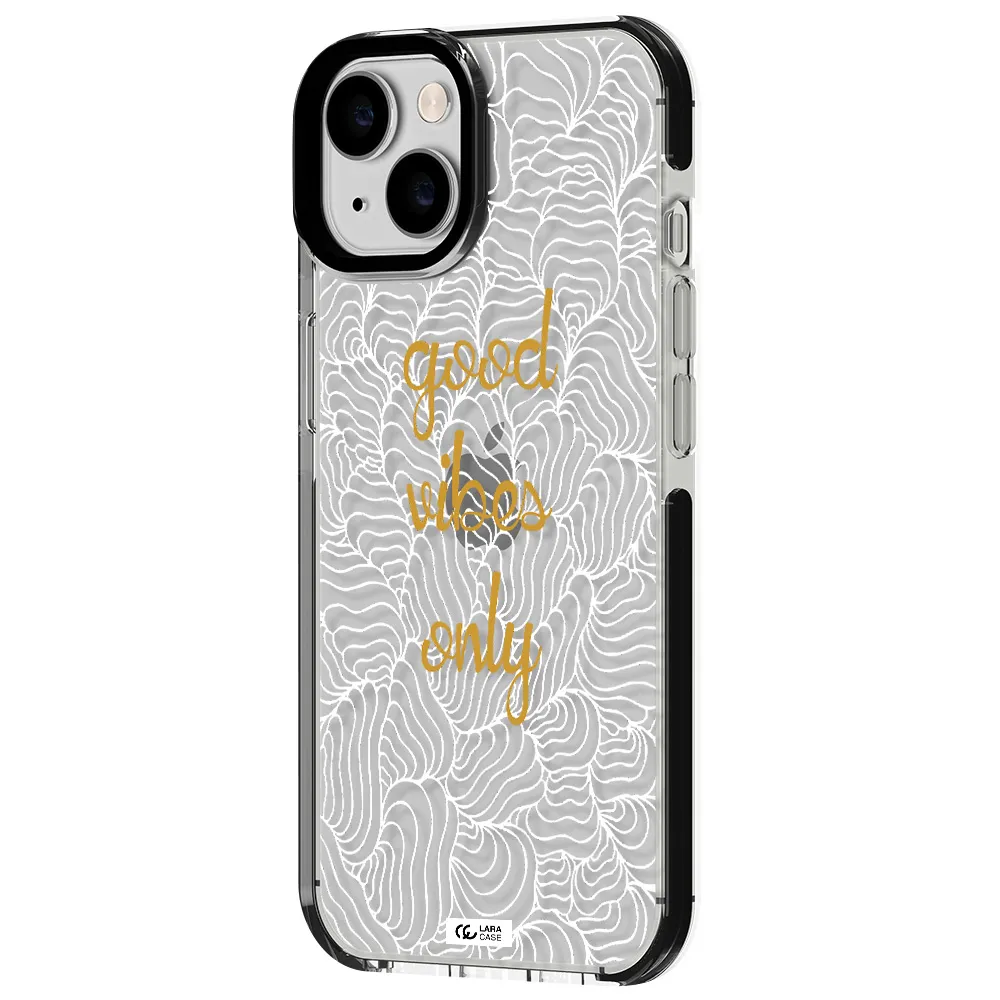 a white background with gold text Apple iPhone 14 impact black border Case
