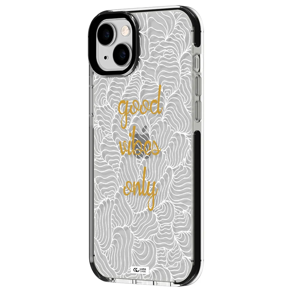 a white background with gold text Apple iPhone 14 plus impact black border Case