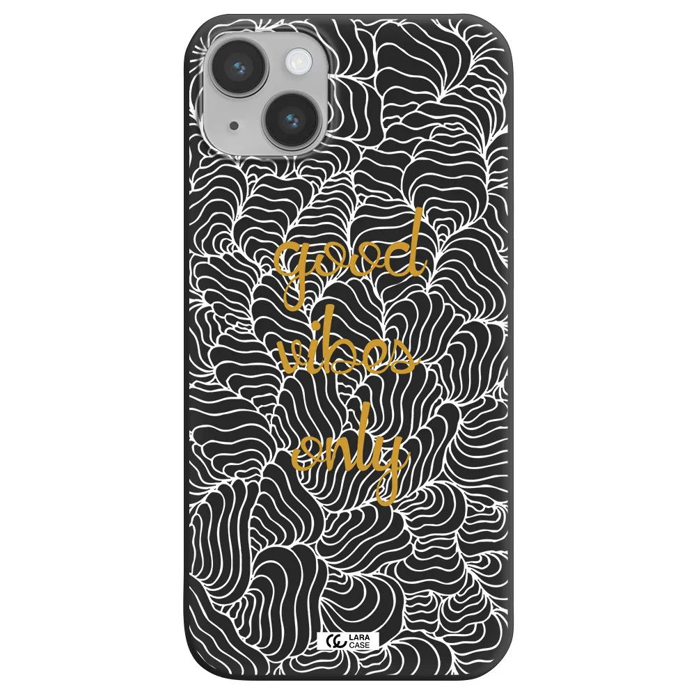 a white background with gold text Apple iPhone 14 plus Silicone black Case