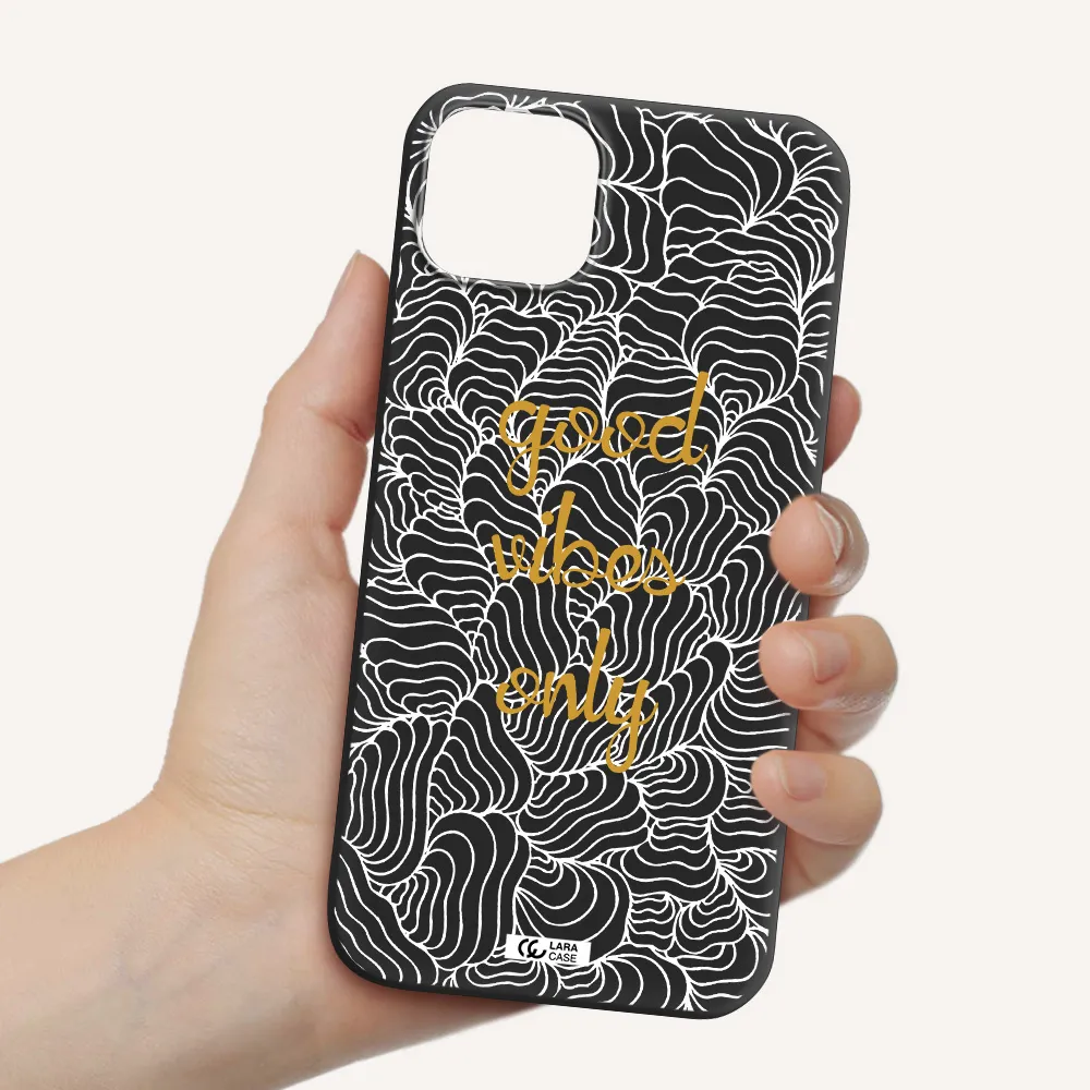 a white background with gold text Apple iPhone 14 plus Silicone black Case