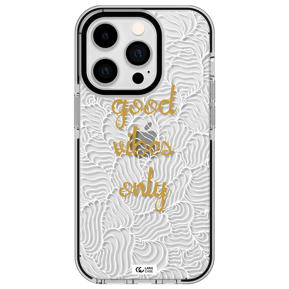 a white background with gold text Apple iPhone 14 pro impact black border Case