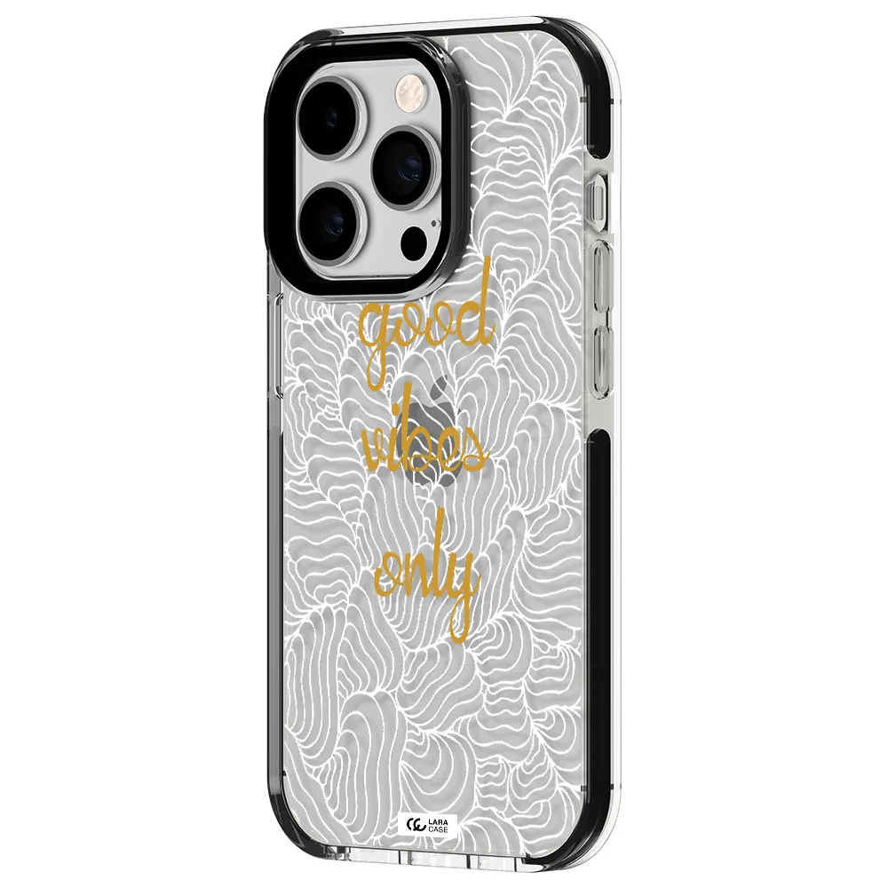 a white background with gold text Apple iPhone 14 pro impact black border Case