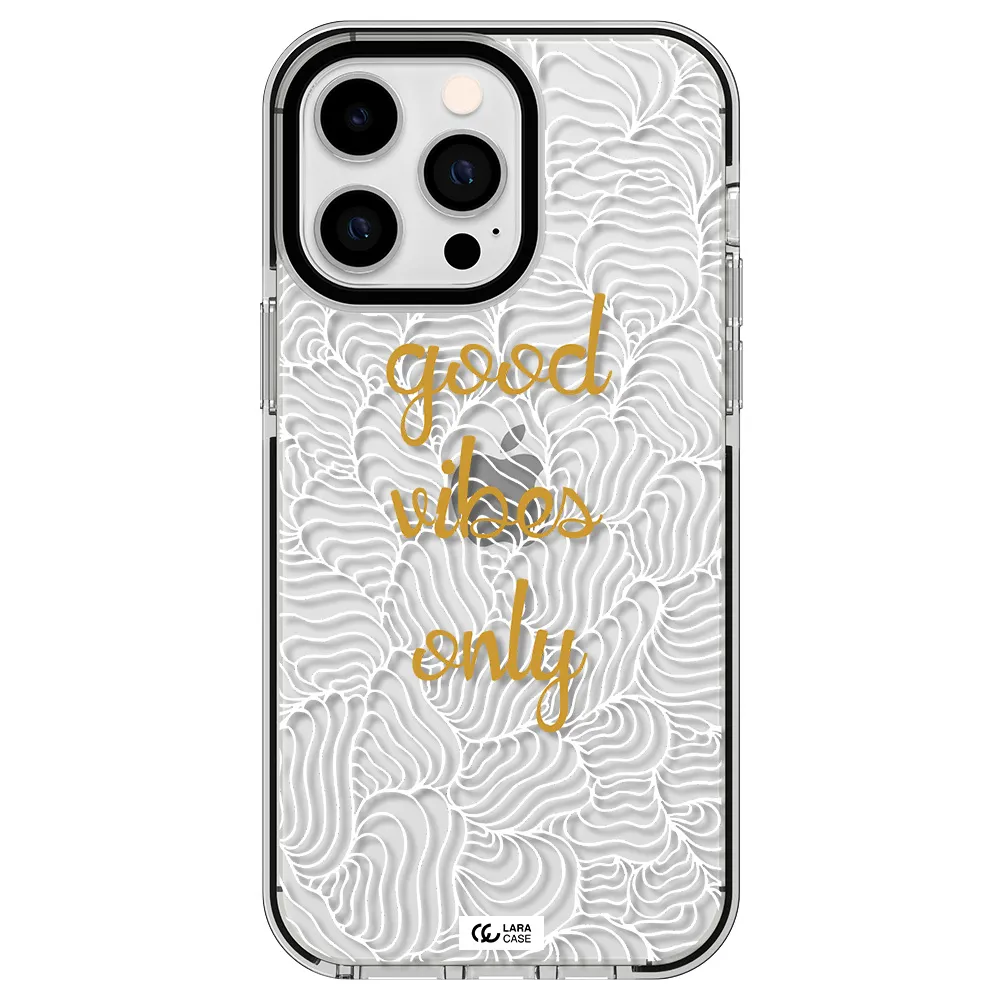 a white background with gold text Apple iPhone 14 pro max impact black border Case