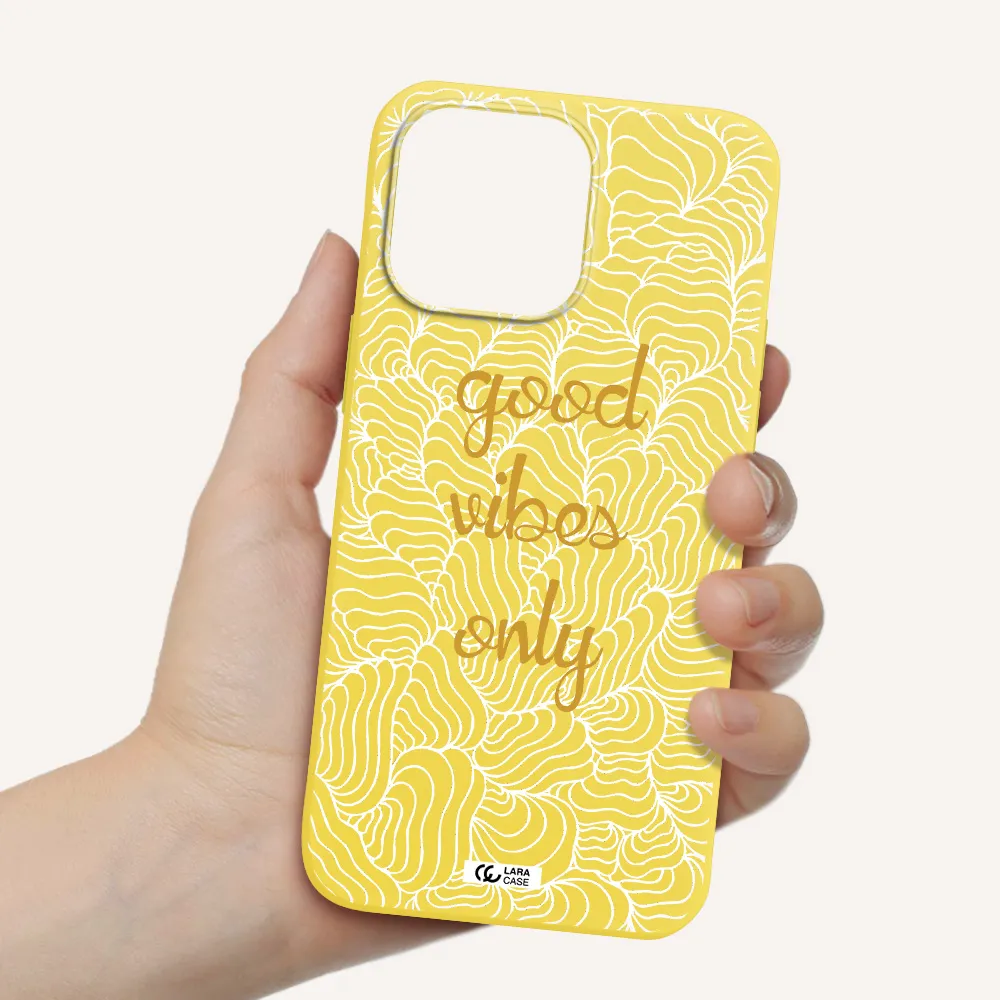 a white background with gold text Apple iPhone 14 pro max Silicone canary yellow Case