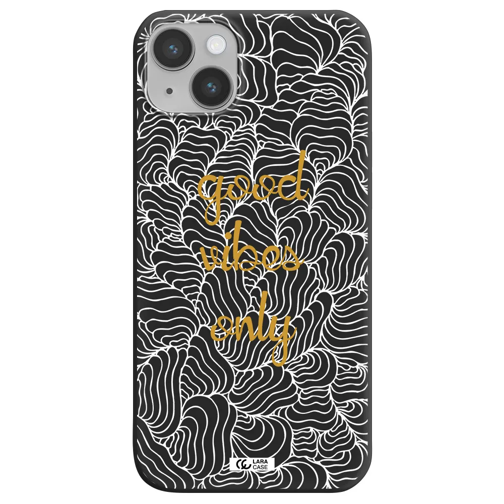 a white background with gold text Apple iPhone 14 Silicone black Case