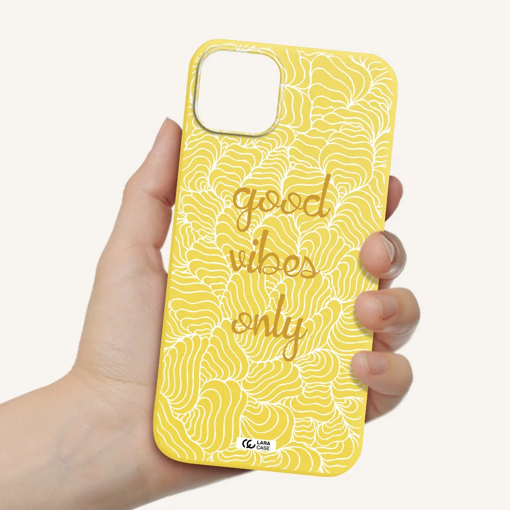 a white background with gold text Apple iPhone 14 Silicone canary yellow Case