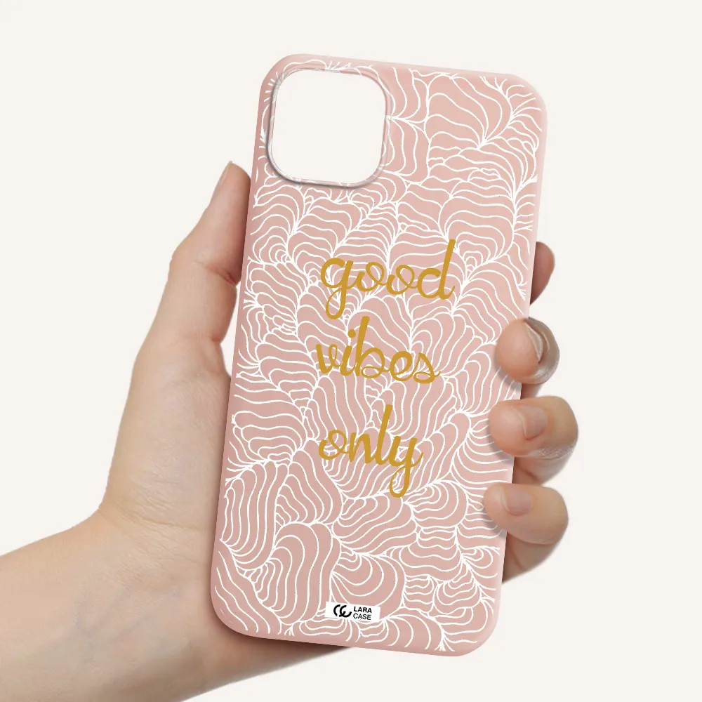 a white background with gold text Apple iPhone 14 Silicone pastel pink Case