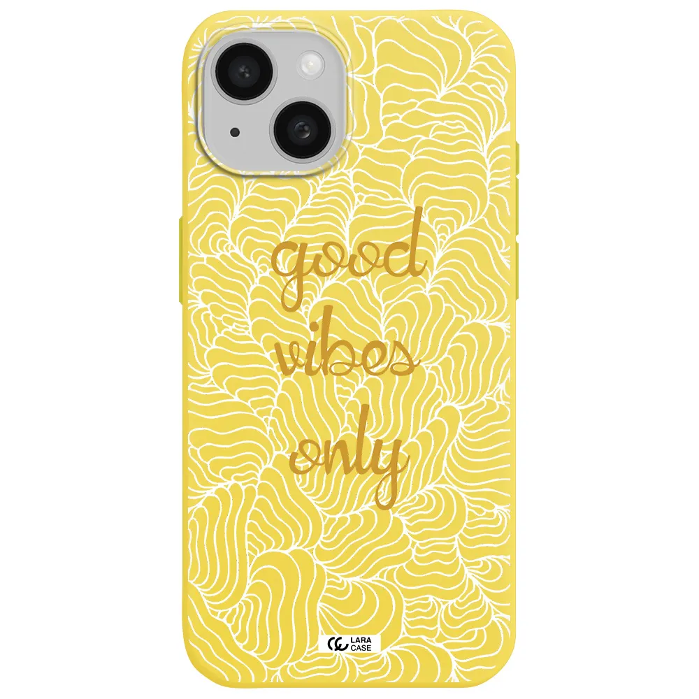 a white background with gold text Apple iPhone 15 Silicone canary yellow Case