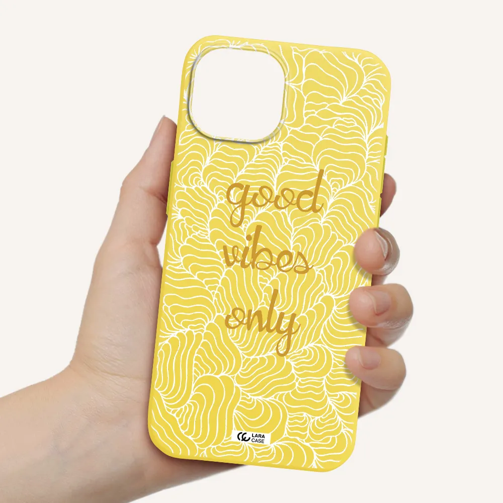 a white background with gold text Apple iPhone 15 Silicone canary yellow Case