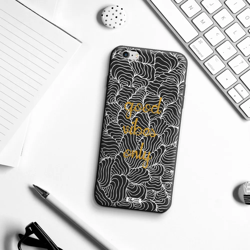 a white background with gold text Apple iPhone 6 plus Silicone black Case
