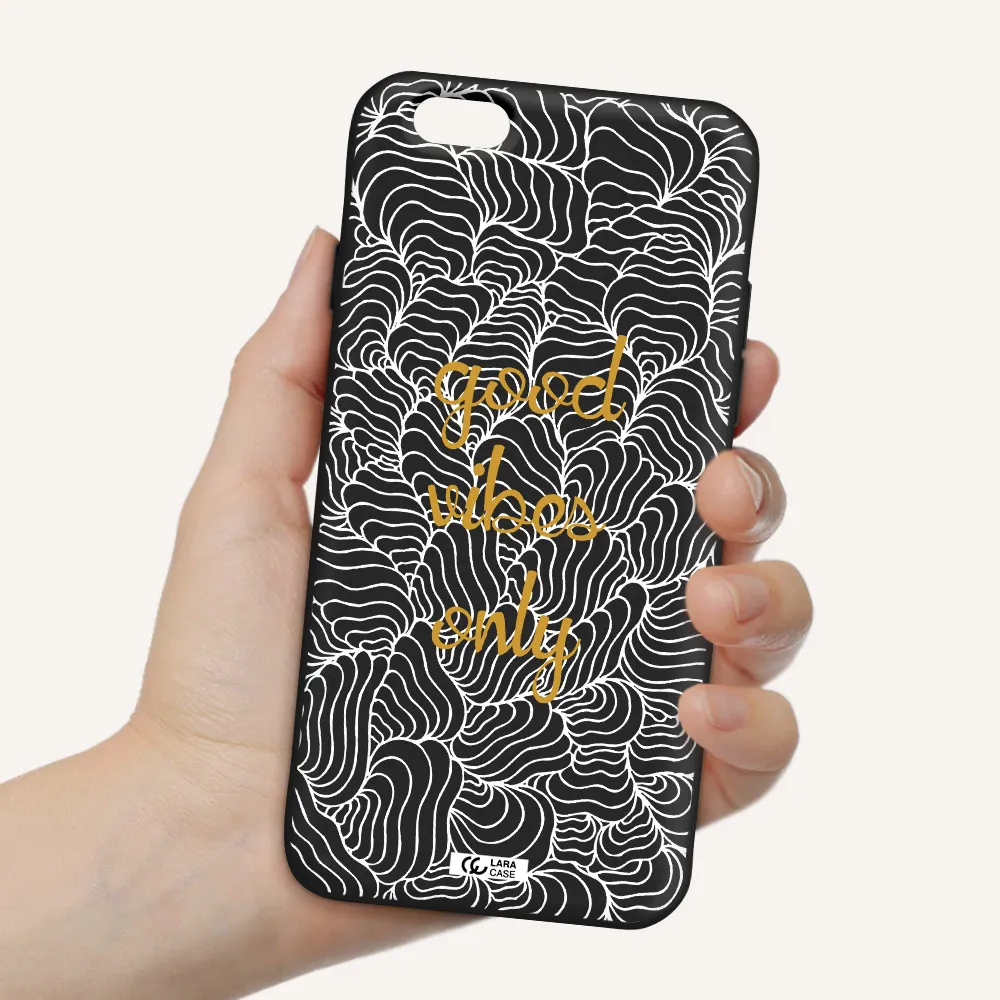 a white background with gold text Apple iPhone 6 Silicone black Case