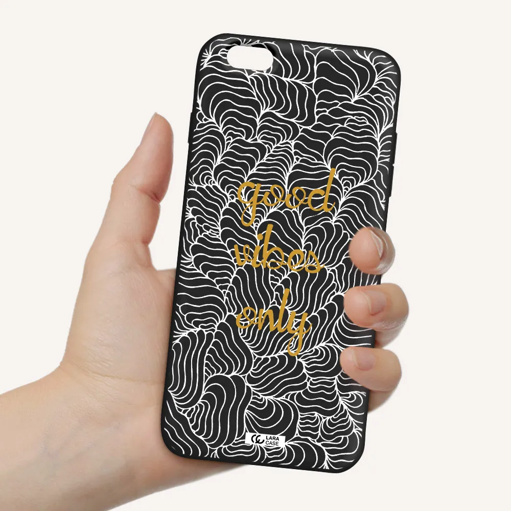 a white background with gold text Apple iPhone 6S Silicone black Case
