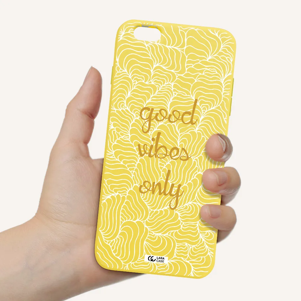 a white background with gold text Apple iPhone 6S Silicone canary yellow Case