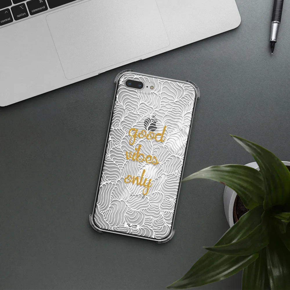 a white background with gold text Apple iPhone 7 plus Clear PC Case