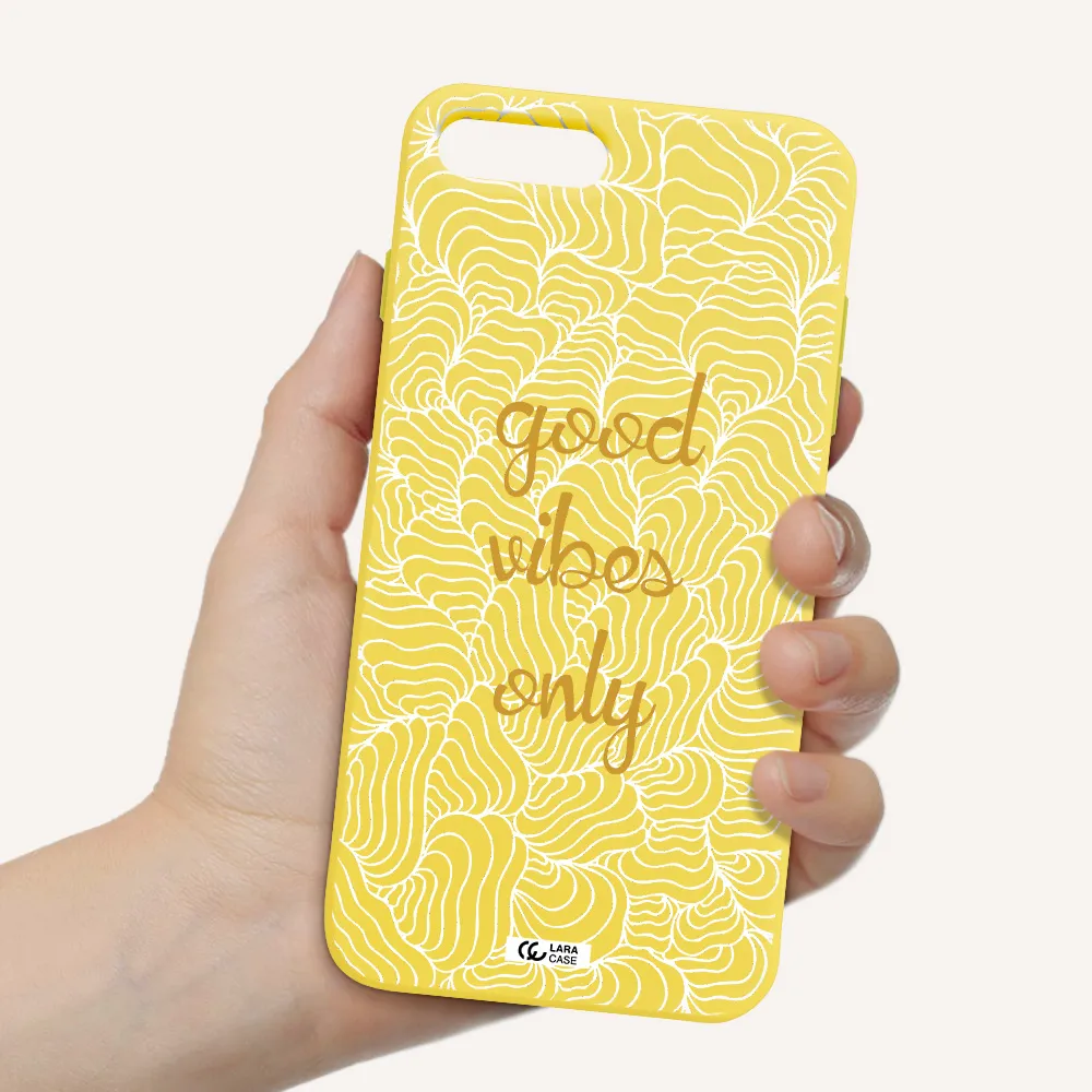 a white background with gold text Apple iPhone 7 plus Silicone canary yellow Case