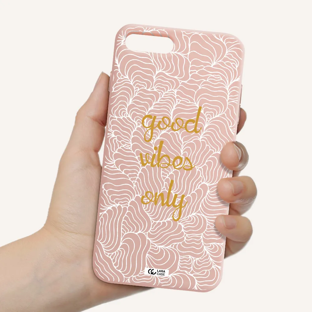 a white background with gold text Apple iPhone 7 plus Silicone pastel pink Case