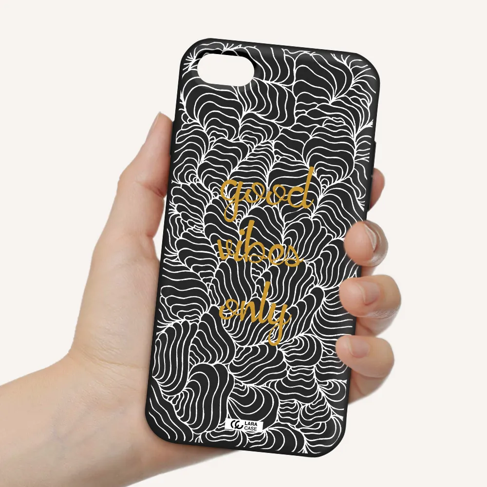 a white background with gold text Apple iPhone 7 Silicone black Case