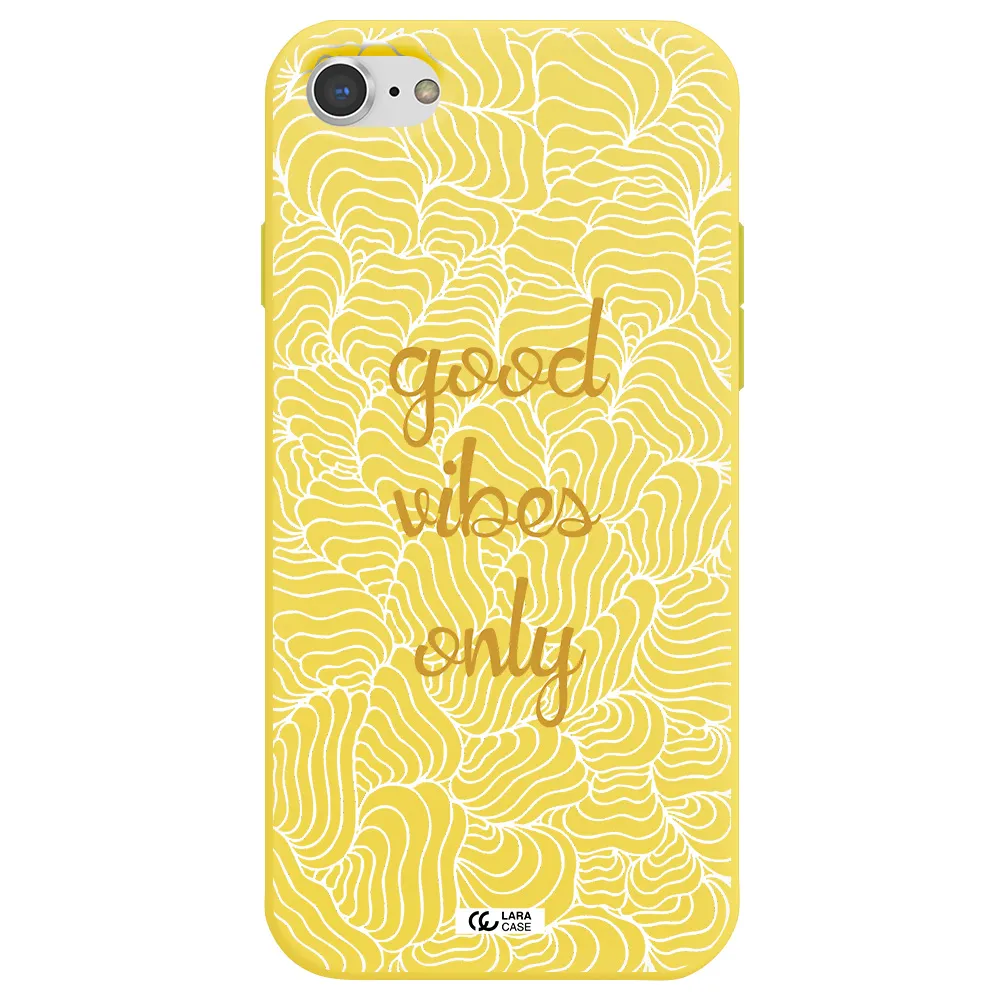 a white background with gold text Apple iPhone 7 Silicone canary yellow Case
