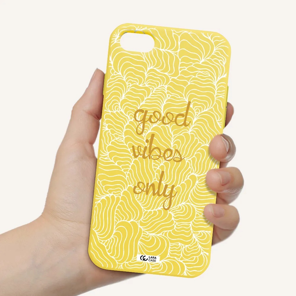 a white background with gold text Apple iPhone 7 Silicone canary yellow Case