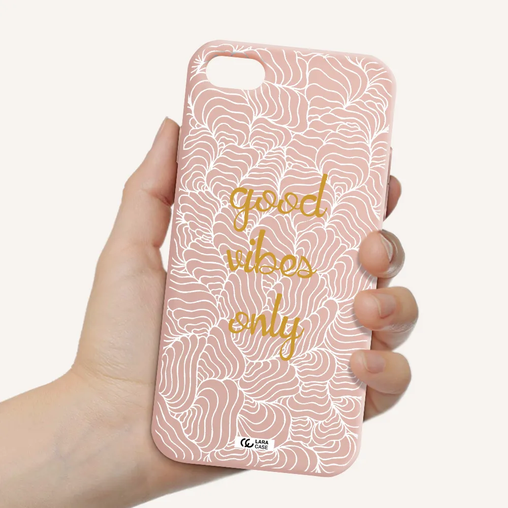 a white background with gold text Apple iPhone 7 Silicone pastel pink Case