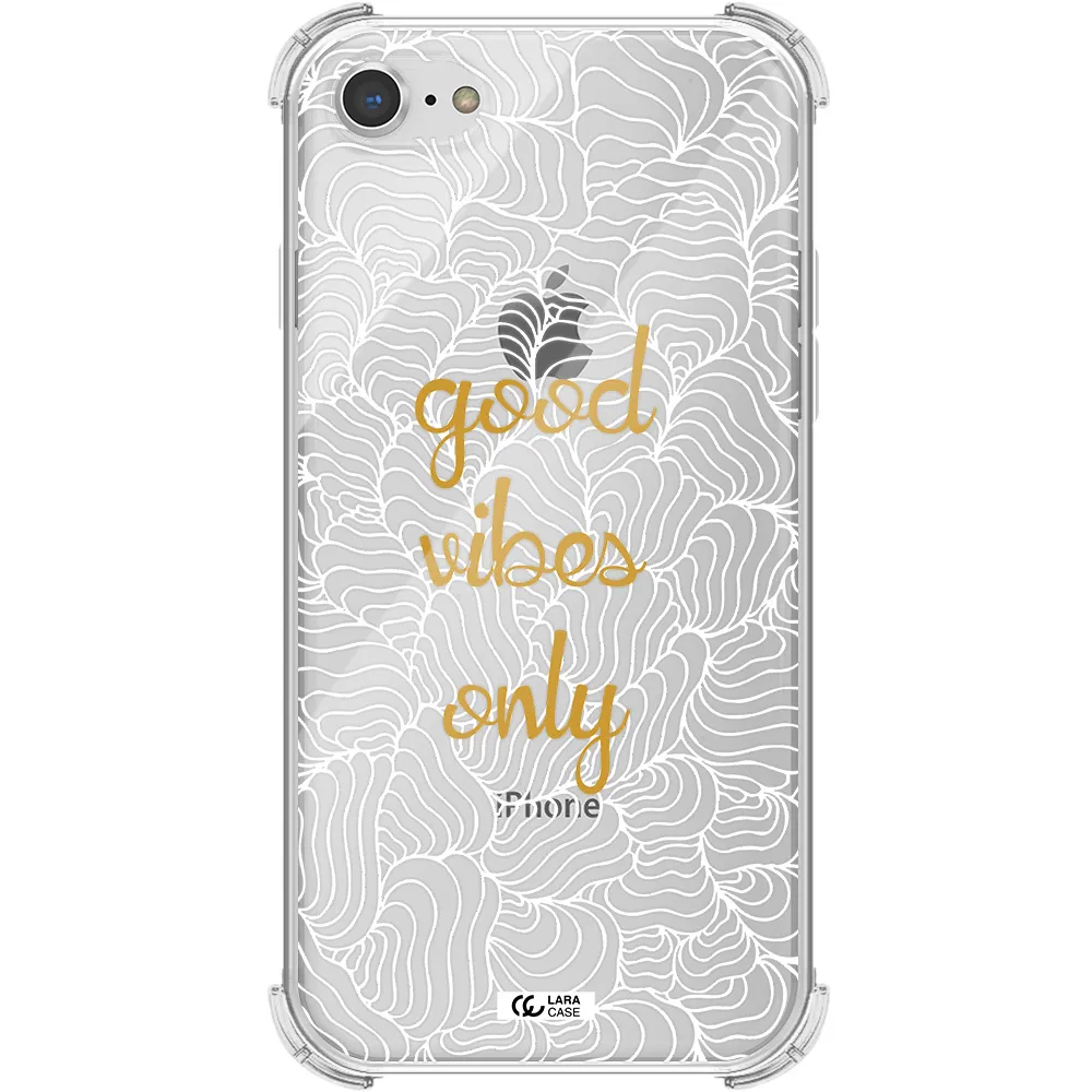 a white background with gold text Apple iPhone 8 Clear PC Case