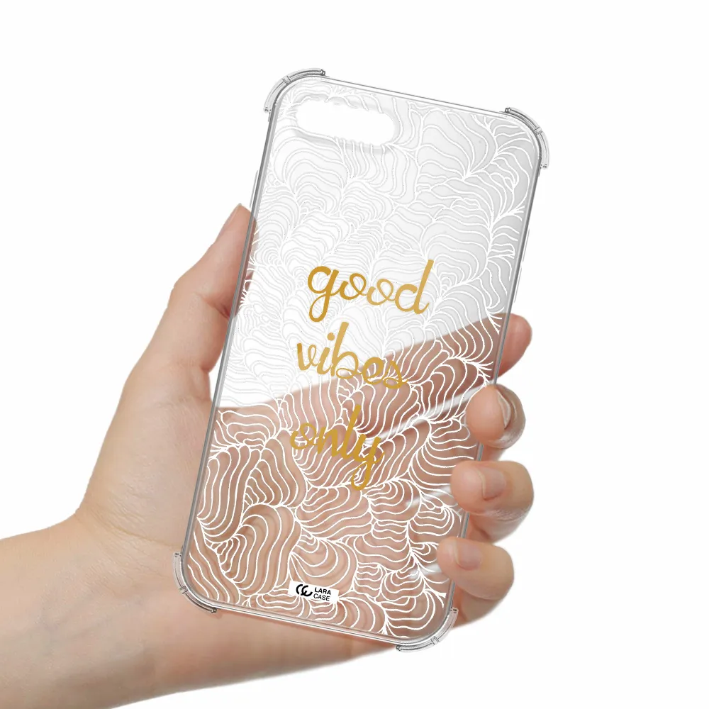a white background with gold text Apple iPhone 8 plus Clear PC Case