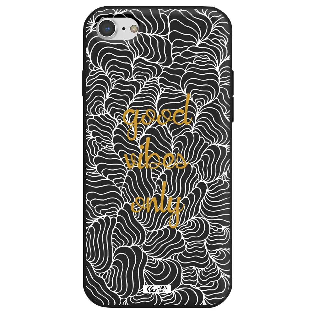 a white background with gold text Apple iPhone 8 Silicone black Case