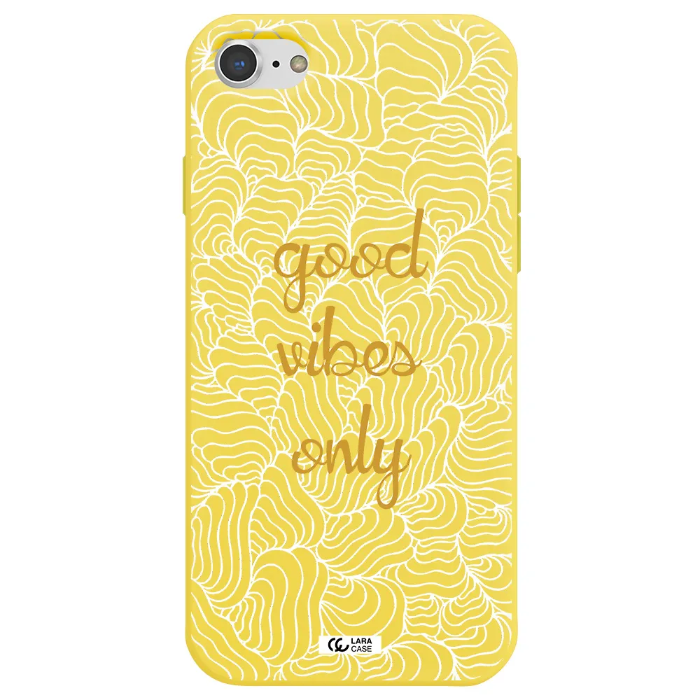 a white background with gold text Apple iPhone 8 Silicone canary yellow Case