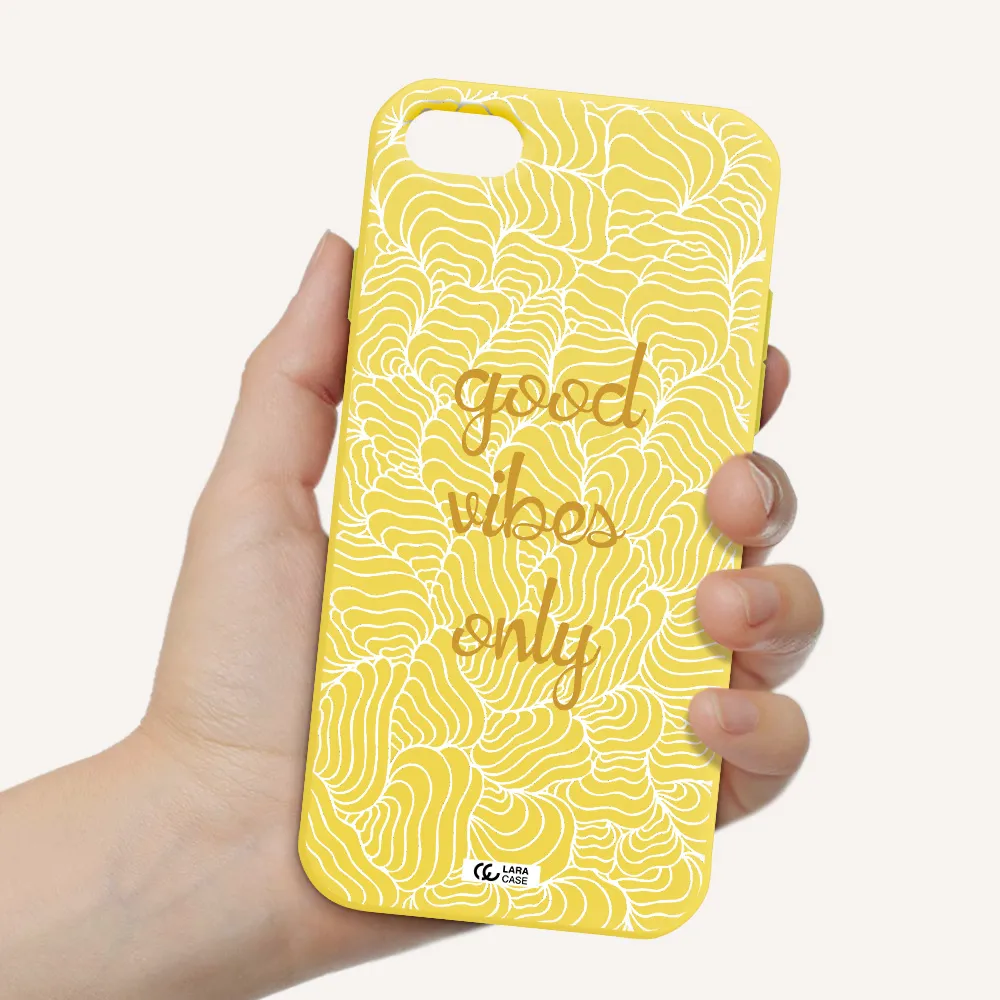 a white background with gold text Apple iPhone 8 Silicone canary yellow Case