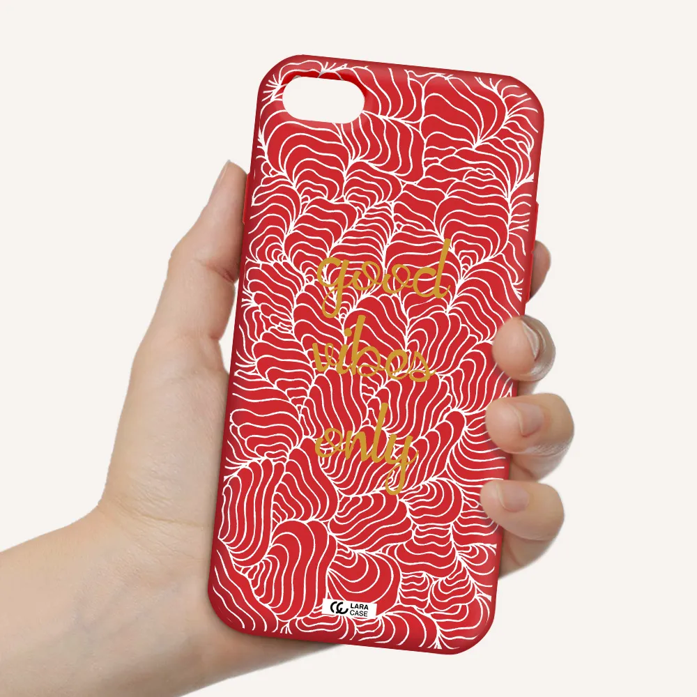 a white background with gold text Apple iPhone 8 Silicone Imperial Red Case