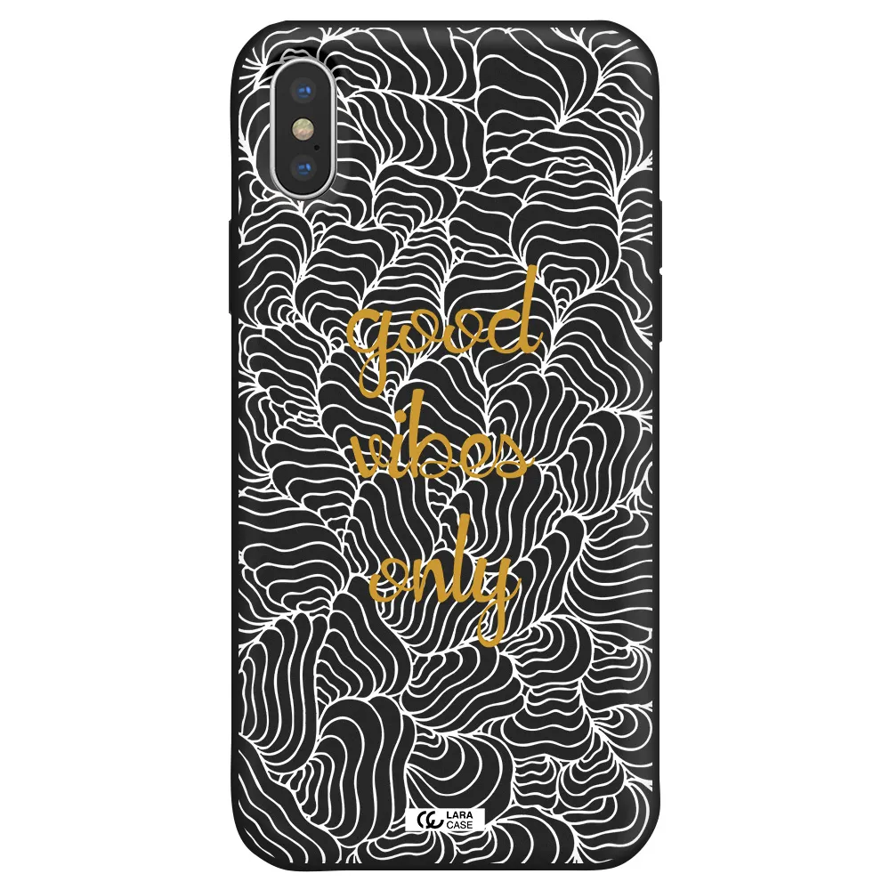 a white background with gold text Apple iPhone X Silicone black Case