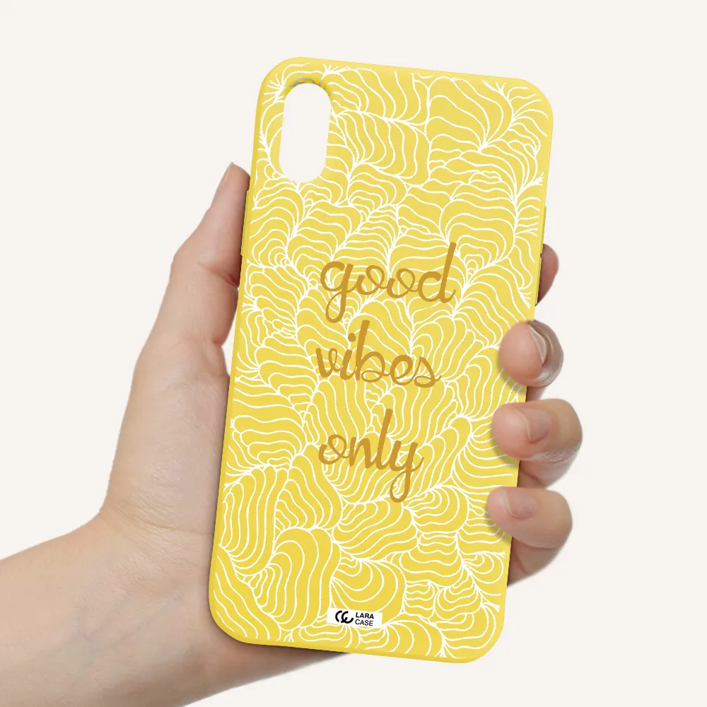 a white background with gold text Apple iPhone X Silicone canary yellow Case
