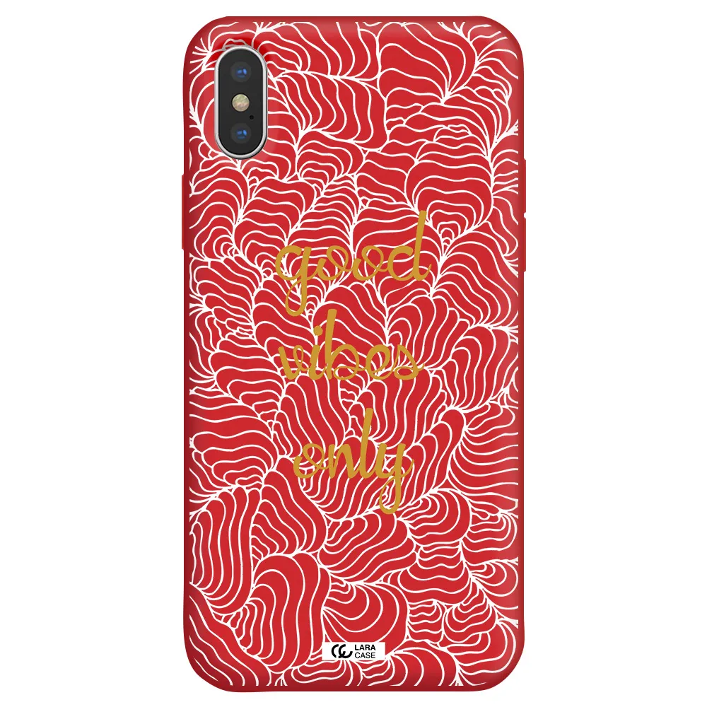a white background with gold text Apple iPhone X Silicone Imperial Red Case