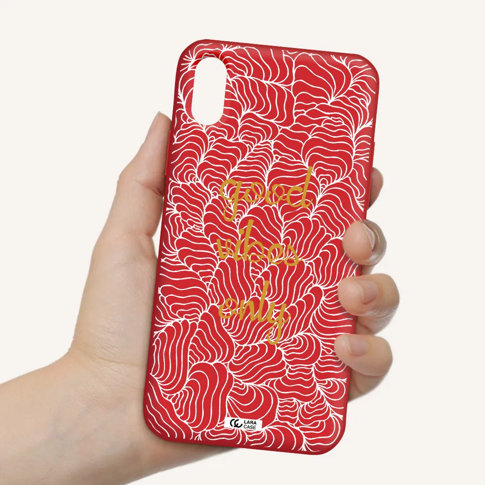a white background with gold text Apple iPhone X Silicone Imperial Red Case