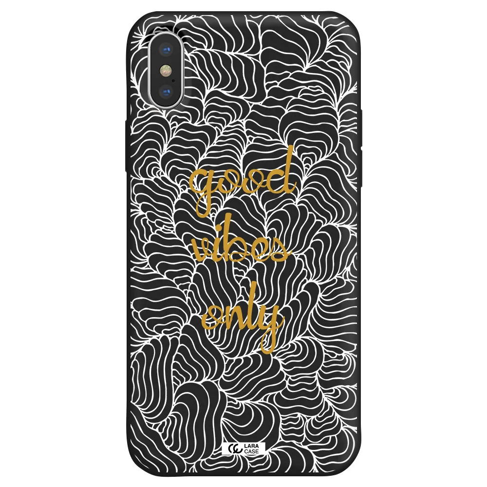 a white background with gold text Apple iPhone XS Silicone black Case