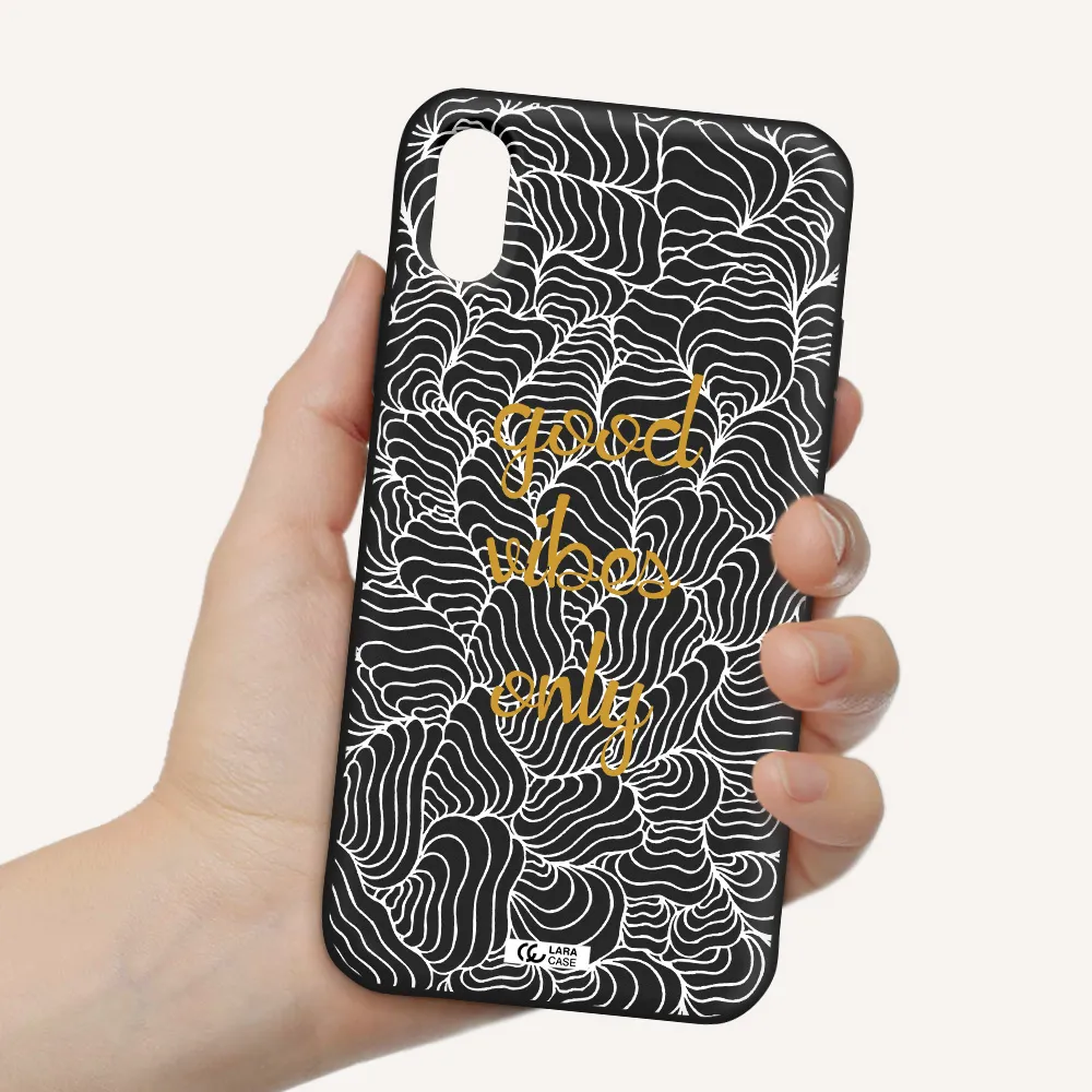 a white background with gold text Apple iPhone XS Silicone black Case
