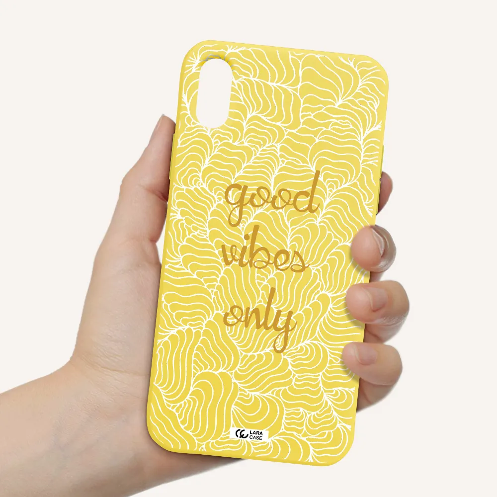 a white background with gold text Apple iPhone XS Silicone canary yellow Case