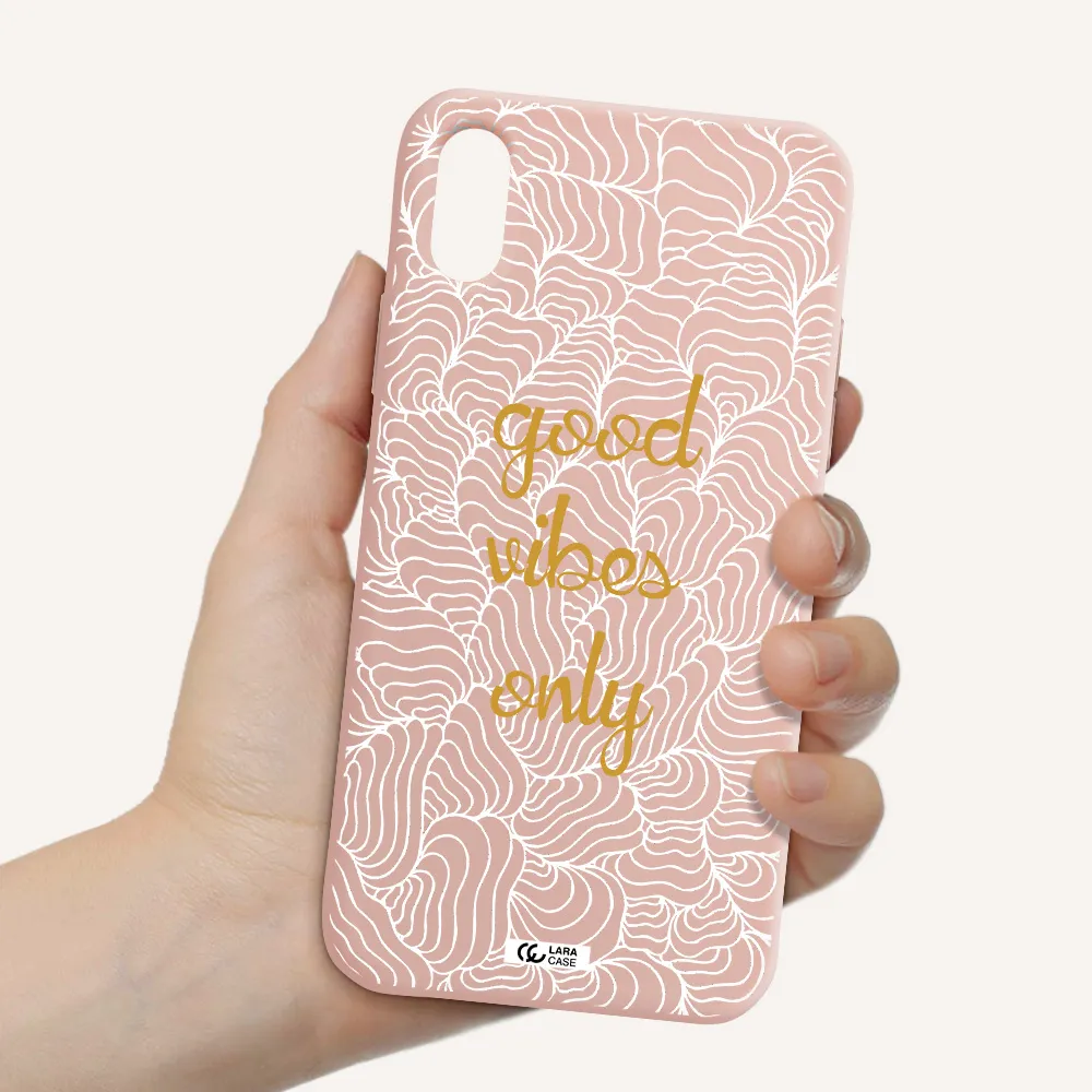 a white background with gold text Apple iPhone XS Silicone pastel pink Case