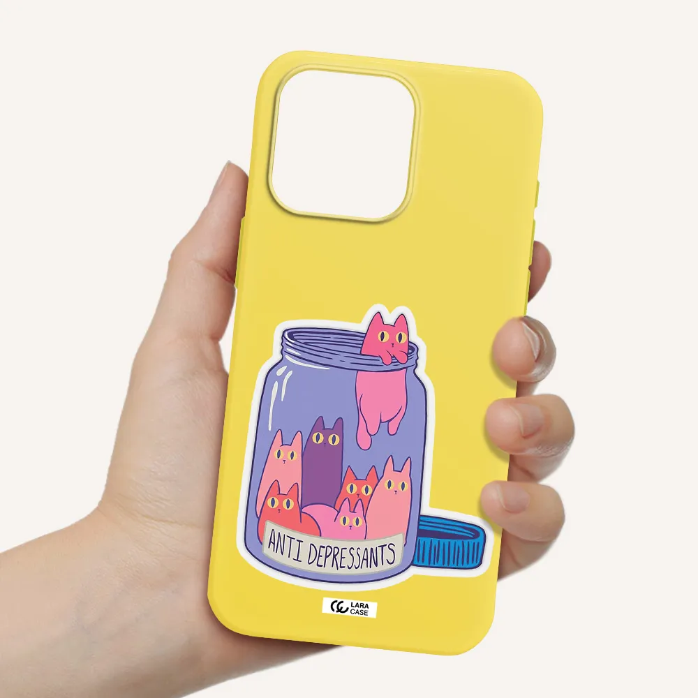 Anti Depressants Cats Apple Iphone 15 Pro max Silicone canary yellow Case
