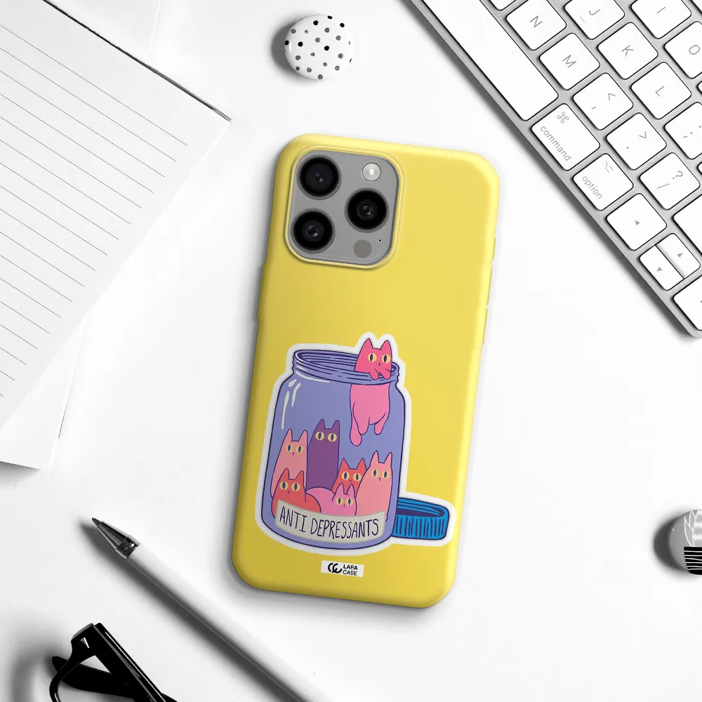 Anti Depressants Cats Apple Iphone 15 Pro max Silicone canary yellow Case