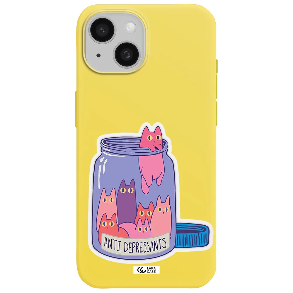 Anti Depressants Cats Apple iPhone 15 Silicone canary yellow Case