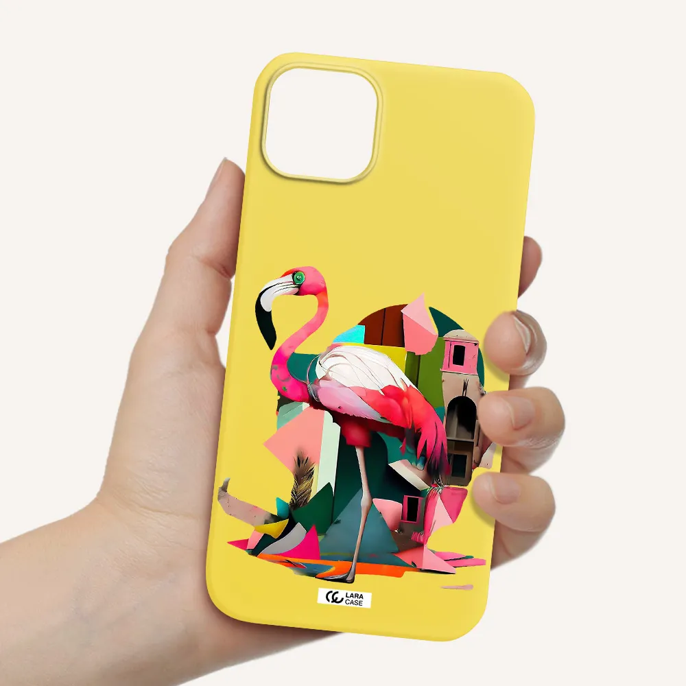 Flamingo Collage Apple iPhone 14 Silicone canary yellow Case